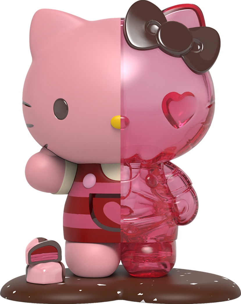 Hello Kitty Figur, halb festes Pink, halb durchscheinendes Pink, auf dunkler Basis.