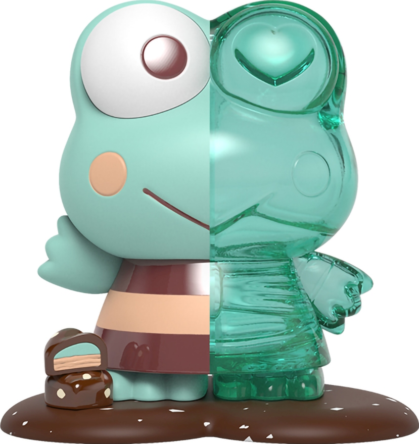 Eine geteilte Figur eines Froschspielzeugs, halb bemalt, halb transparent.