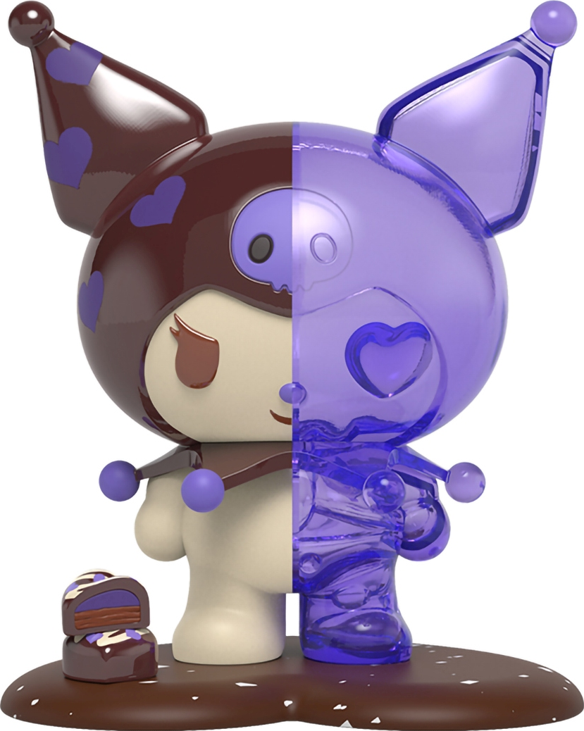 Halb-Schokolade, halb-lila My Melody Figur auf braunem Sockel mit Süßigkeiten.