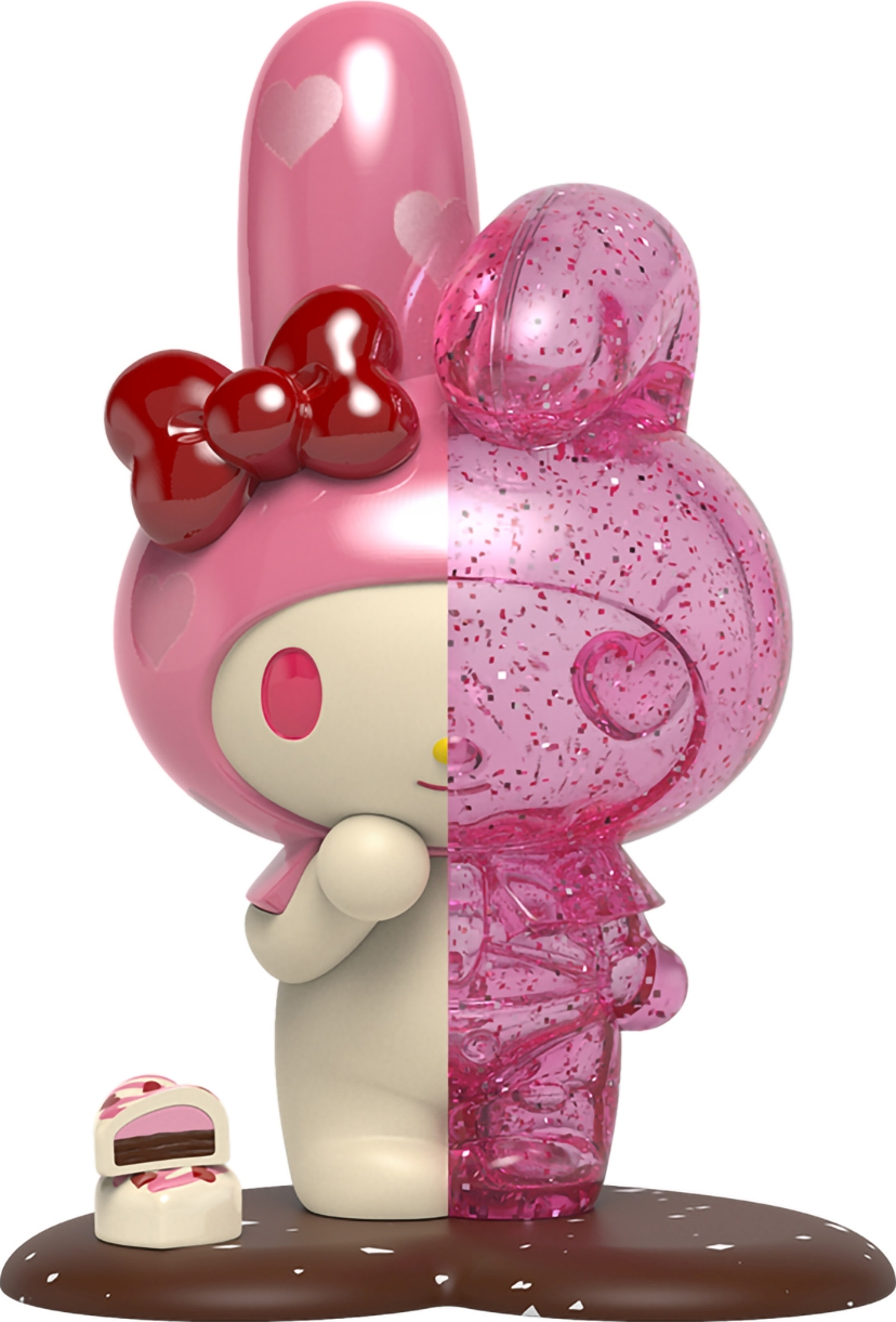 Rosa My Melody Figur, halb fest, halb transparent, mit Kuchen.