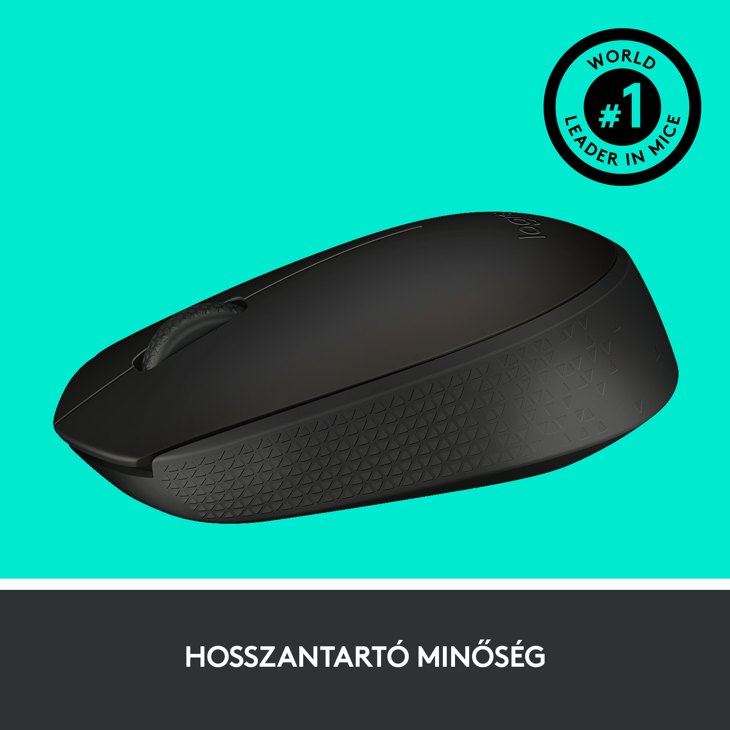 Fekete számítógépes egér görgetőkerékkel. Szöveg: Világelső egerekben. Fekete háttér.