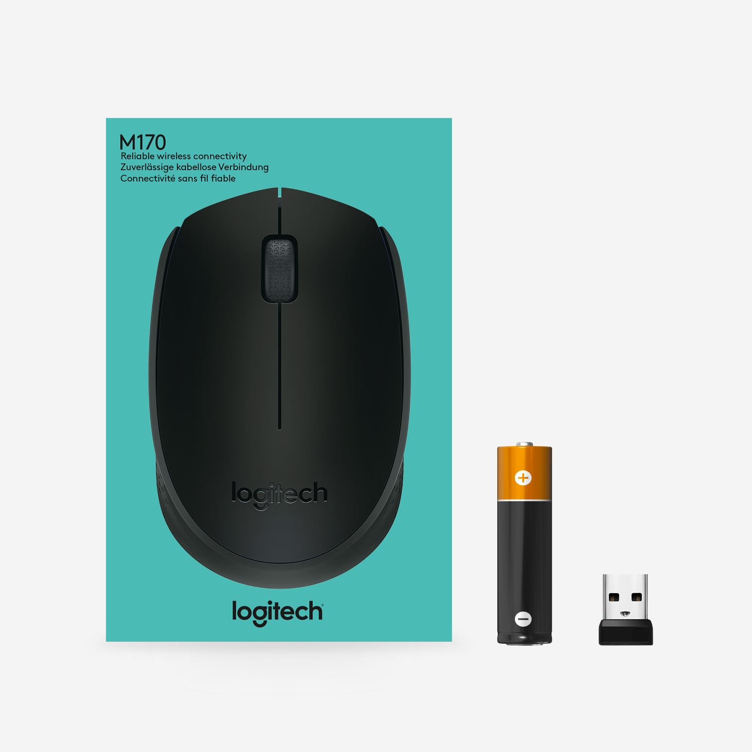 Fekete Logitech vezeték nélküli egér akkumulátorral, dongle-val és csomagolással.