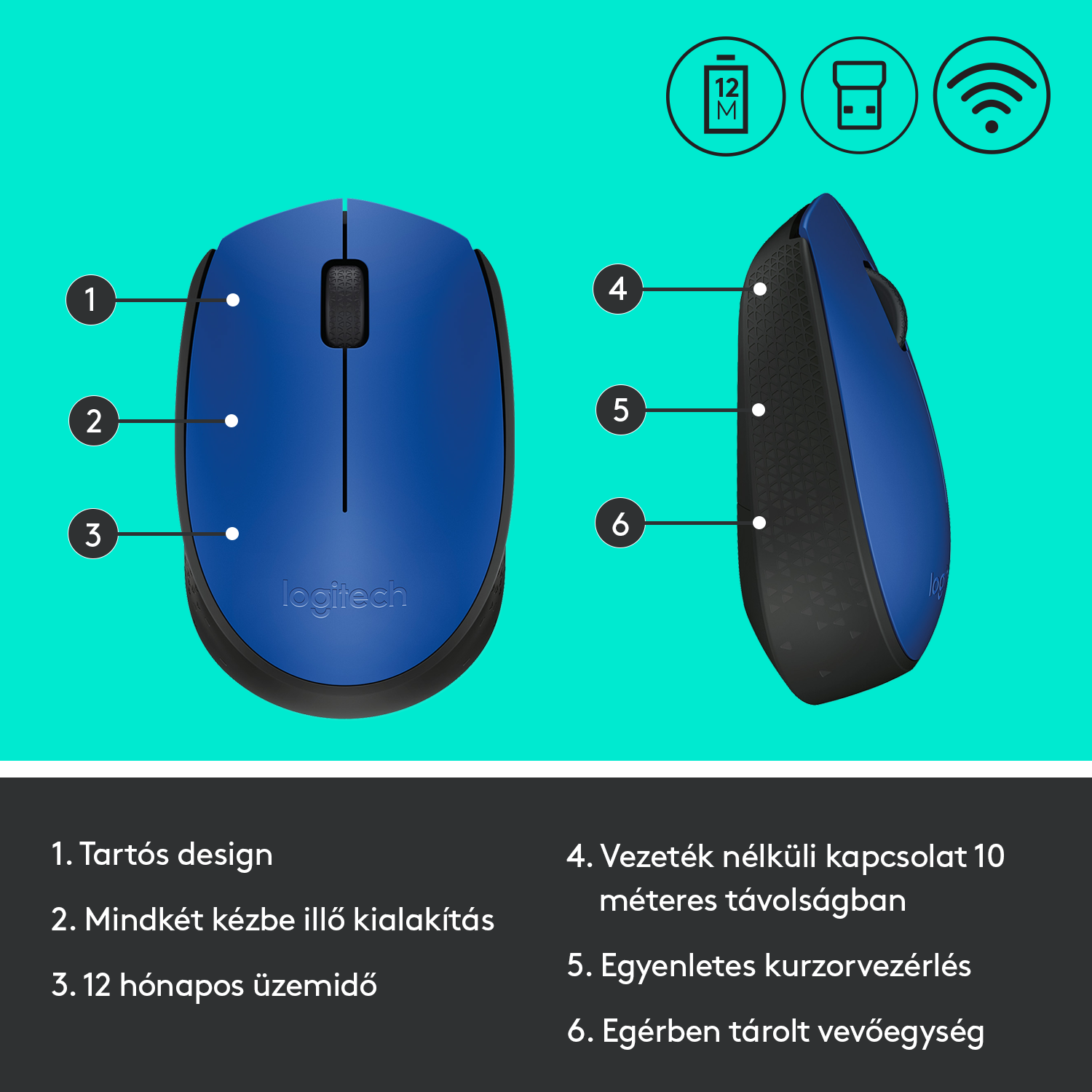 Kék Logitech egér gomb részletekkel és vezeték nélküli funkciókkal.