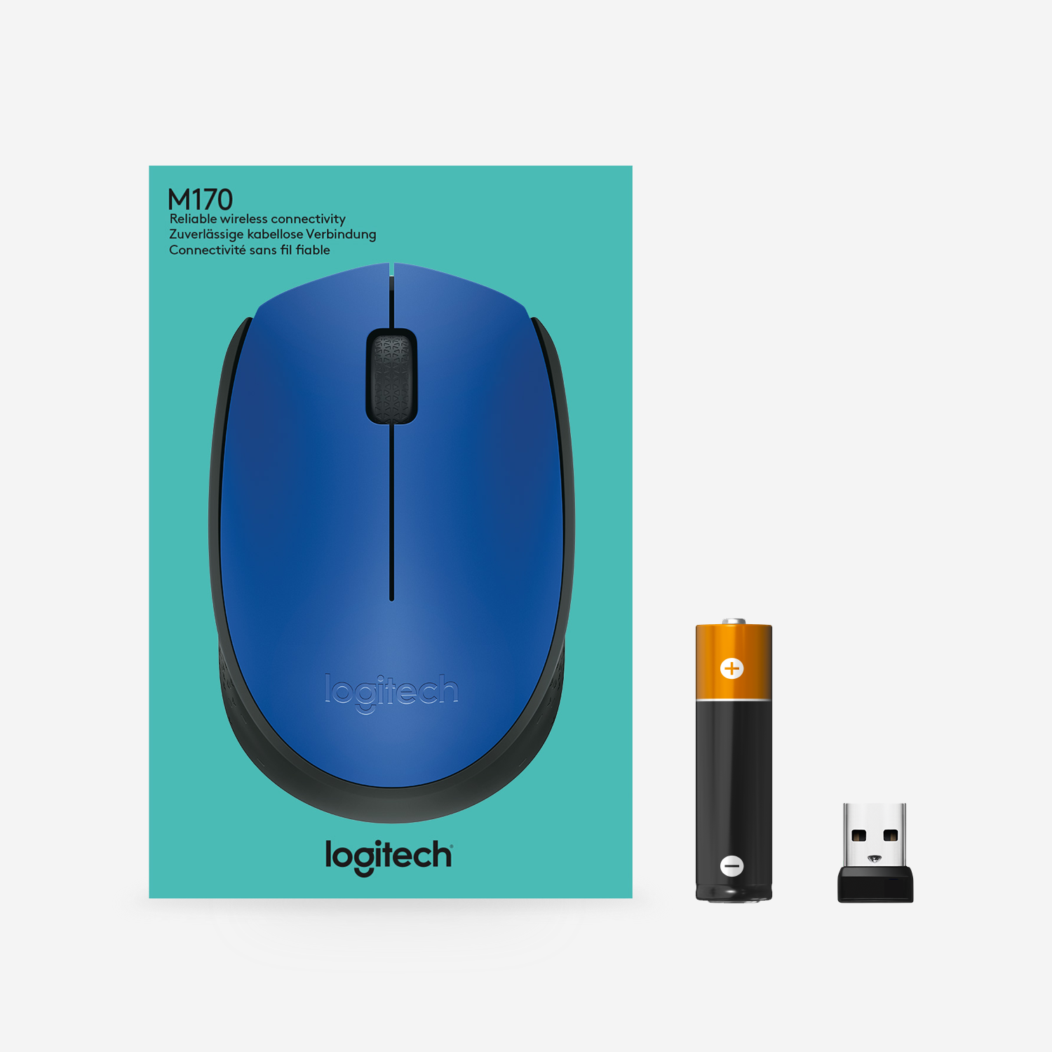 Egy kék Logitech M170 egér, akkumulátorral és USB-vevővel. Az egér egy dobozon van.