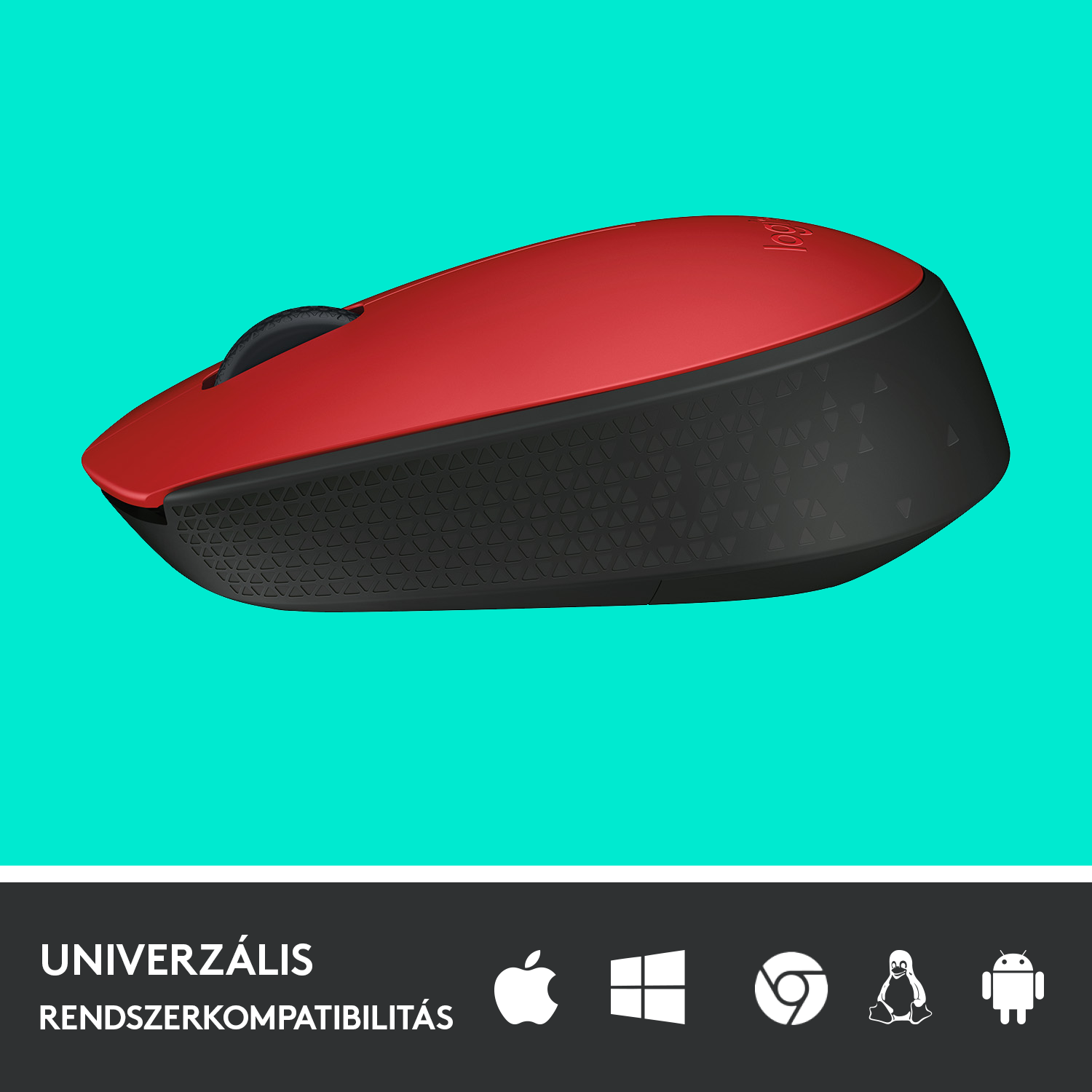 Piros-fekete Logitech vezeték nélküli egér, a teteje piros, az alja fekete.