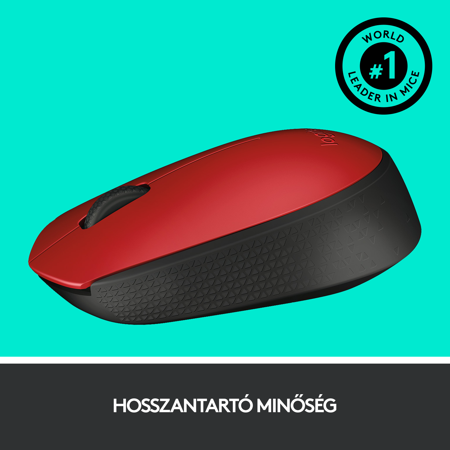 Egy piros-fekete Logitech egér kék háttérrel, alul szöveggel.