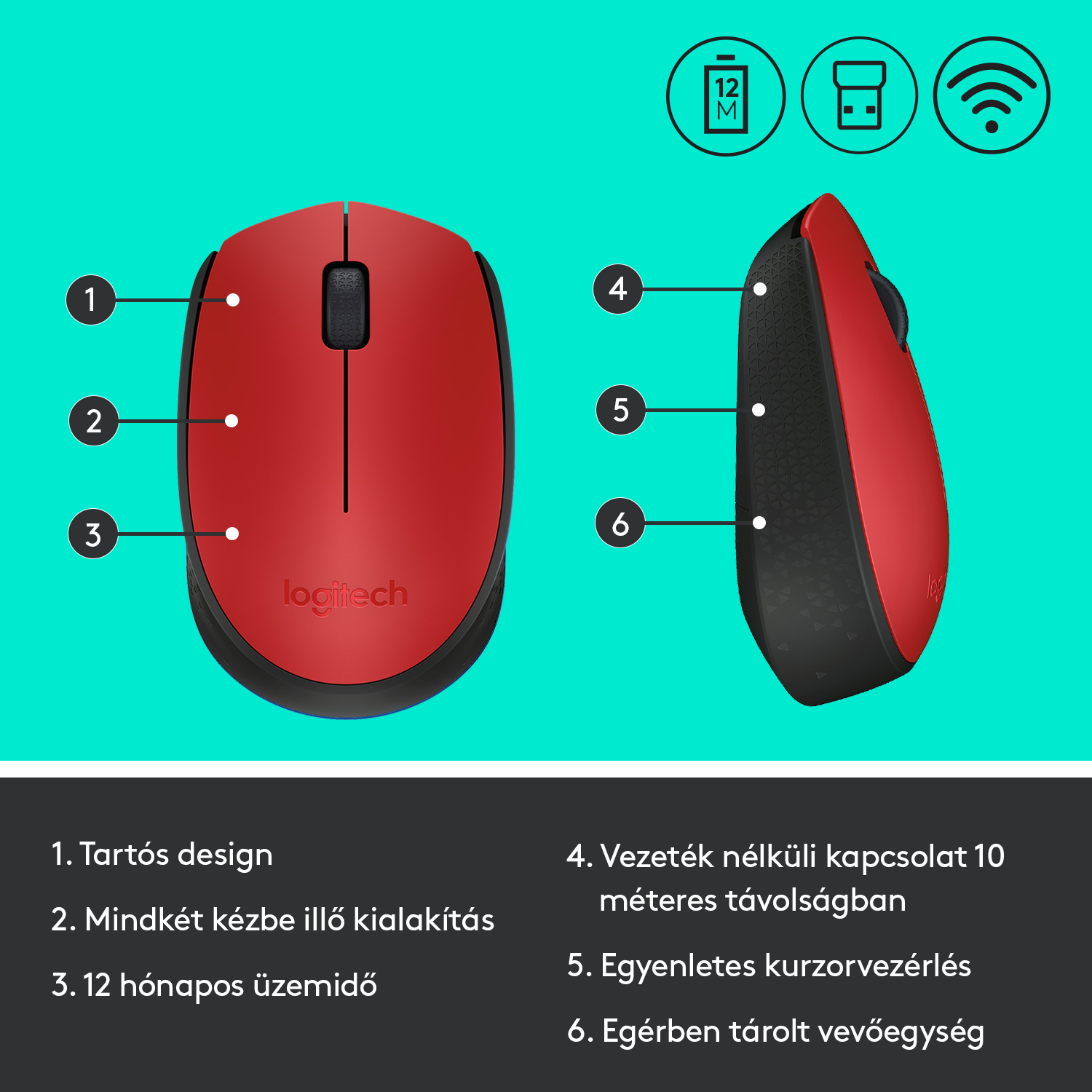 Piros-fekete számítógépes egér. Gombok és görgő. Szöveg: Logitech.
