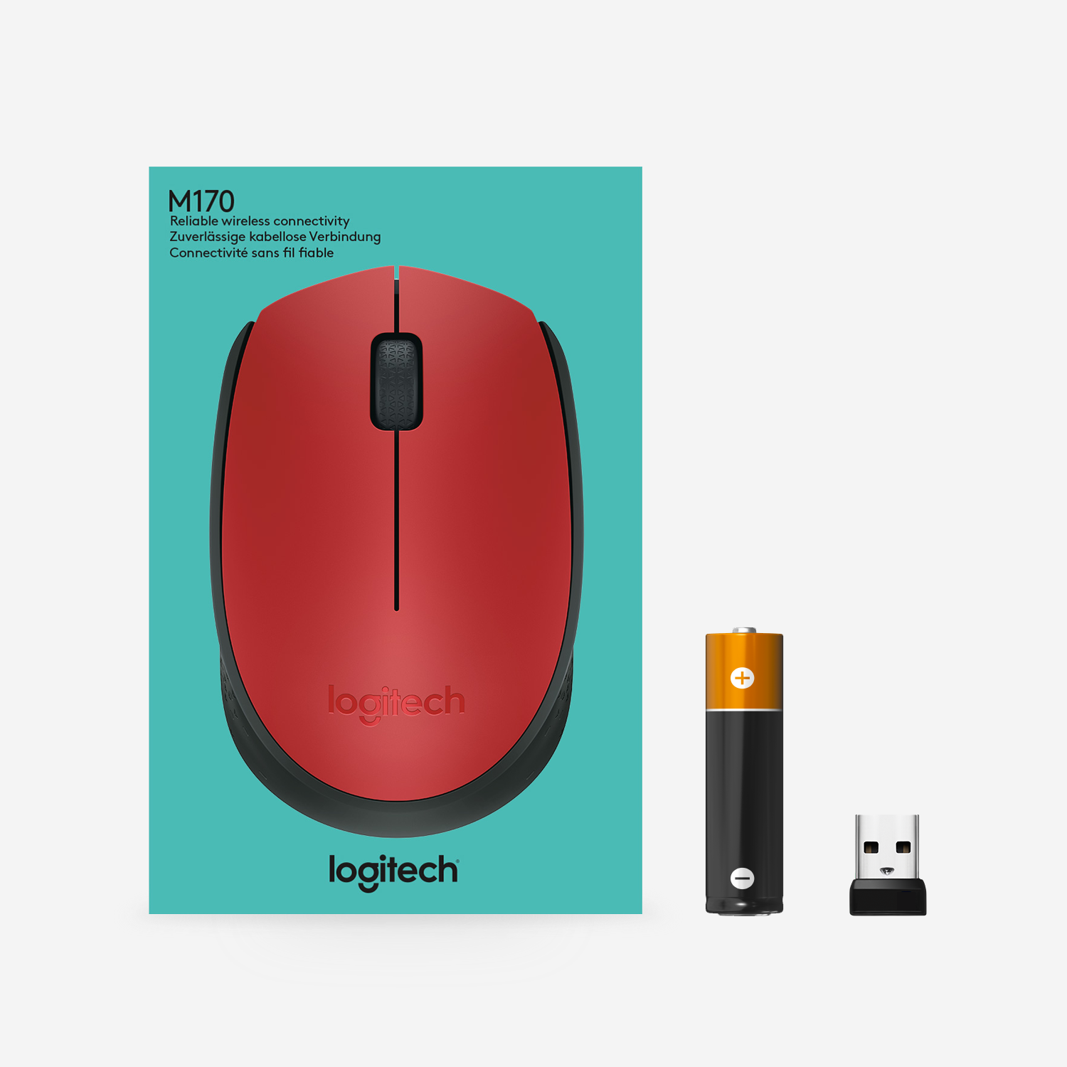 Piros Logitech egér fekete görgetőkerékkel, akkumulátorral és USB-vevővel türkiz háttéren.