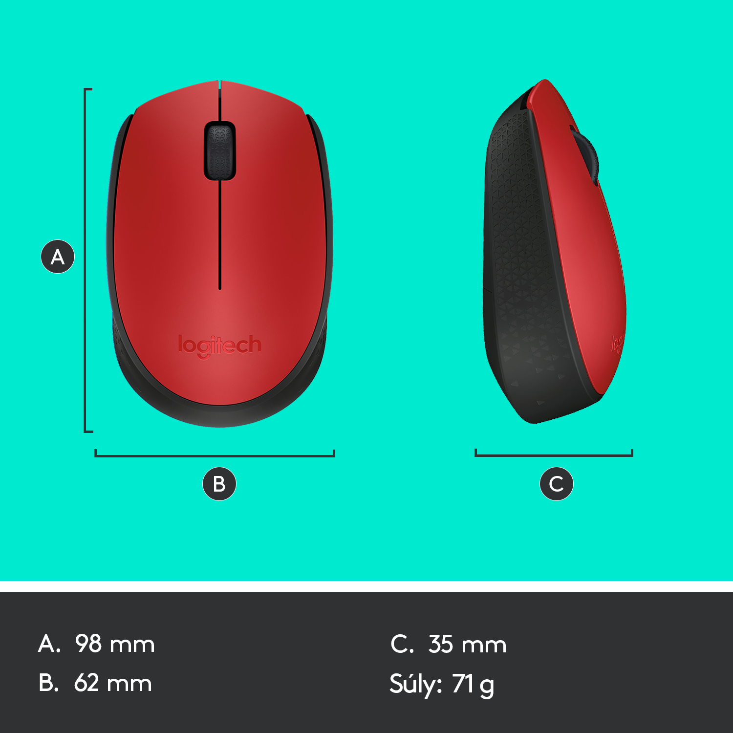 Piros-fekete Logitech egér. Méreteket mutat: 98mm, 62mm, 35mm.