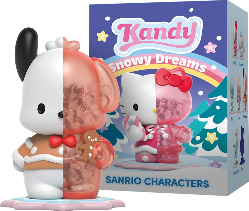 Zwei Sanrio-Figuren, eine halbtransparent, mit einer Box mit weiteren Figuren.
