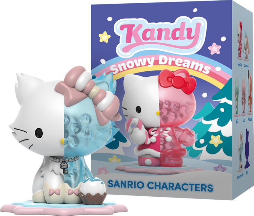 Eine Kandy Hello Kitty-Figur, halb normal, halb transparent, neben einer Box.