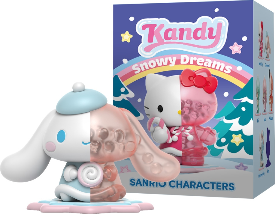 Kandy Snowy Dreams Figur, aufgeteilt zwischen einer Hello Kitty Figur und einer Hintergrundbox.