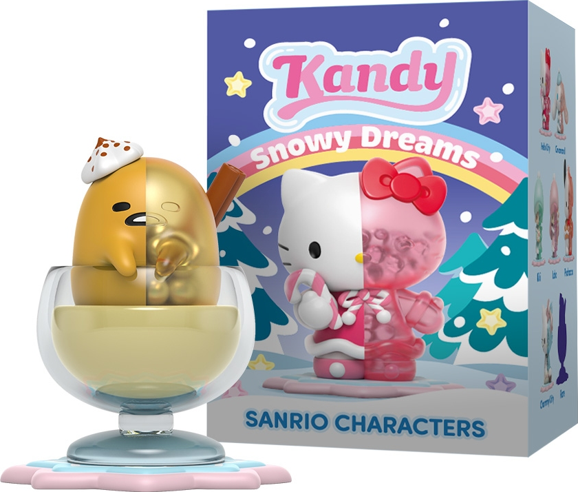 Zwei Kandy-Figuren, eine Gudetama, eine Hello Kitty und eine Box. Snowy Dreams-Thema.