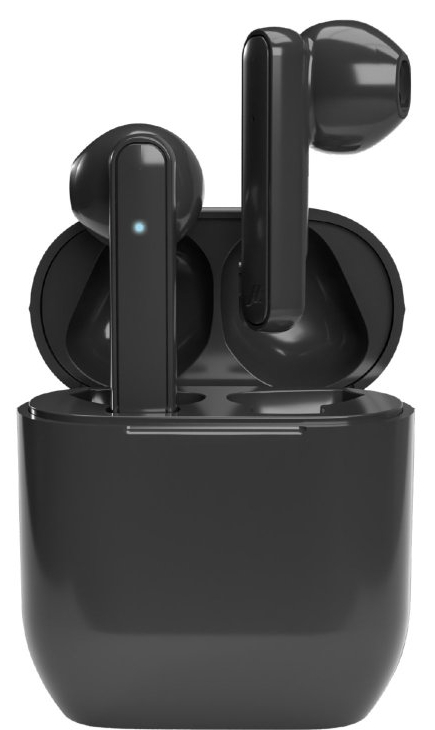 Czarne bezprzewodowe słuchawki w etui ładującym, czarne tło.