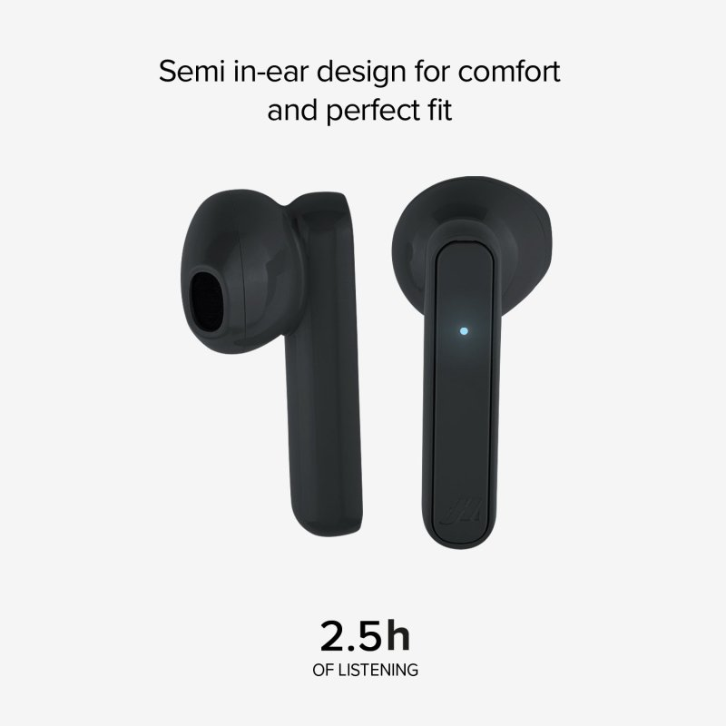 Czarne słuchawki douszne, konstrukcja półdouszna, z tekstem: 2,5h słuchania, na białym tle.