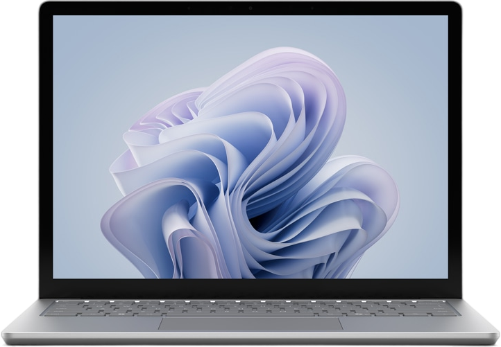 Laptop mit farbenfrohem, abstraktem Design auf dem Bildschirm. Silberner Rahmen und Tastatur sichtbar.