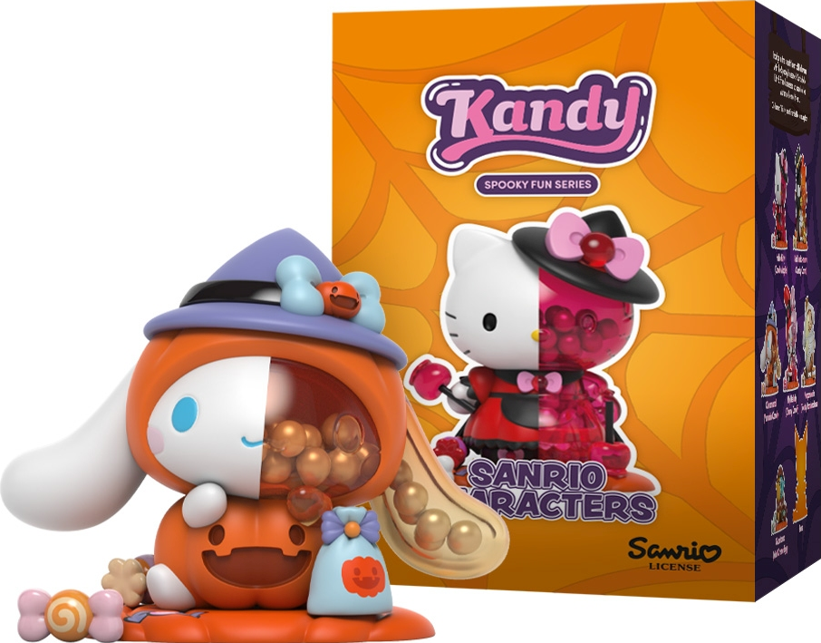 Eine Kandy-Figur von Cinnamoroll in einem Kürbiskostüm, mit Hello Kitty. Spooky Fun Series.