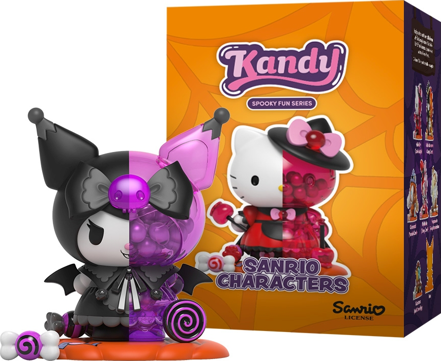 Kandy Sanrio Figuren. Zwei Figuren in der Displaybox. Eine ist Kuromi, die andere Hello Kitty.