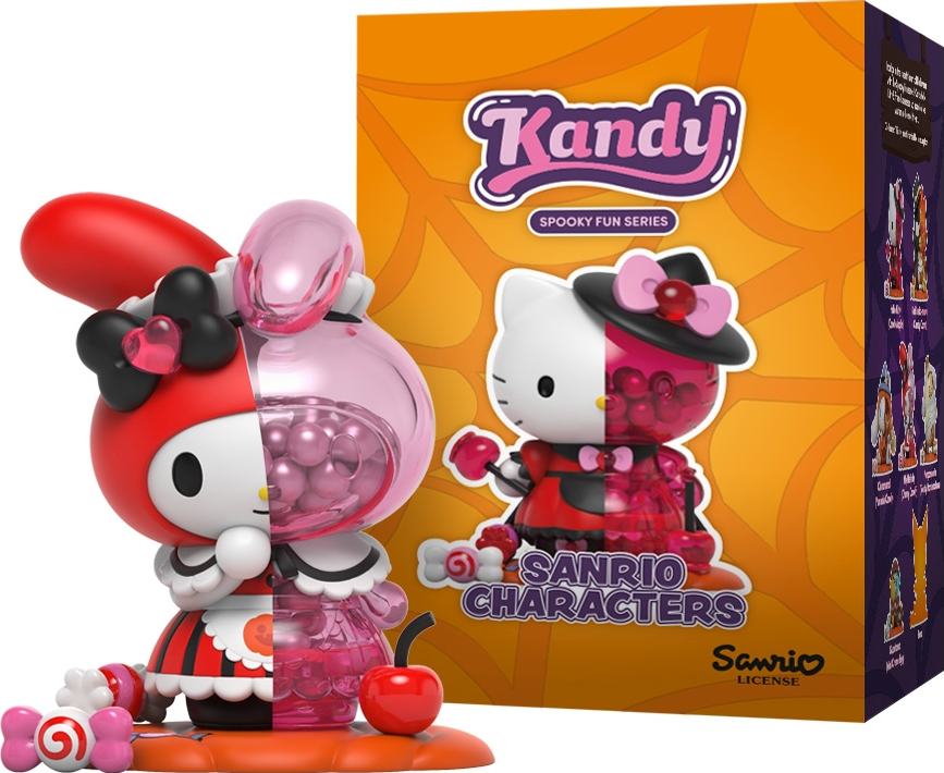 Zwei Sanrio-Figuren, eine My Melody mit rosa Süßigkeiten und eine Hello Kitty mit Hut.