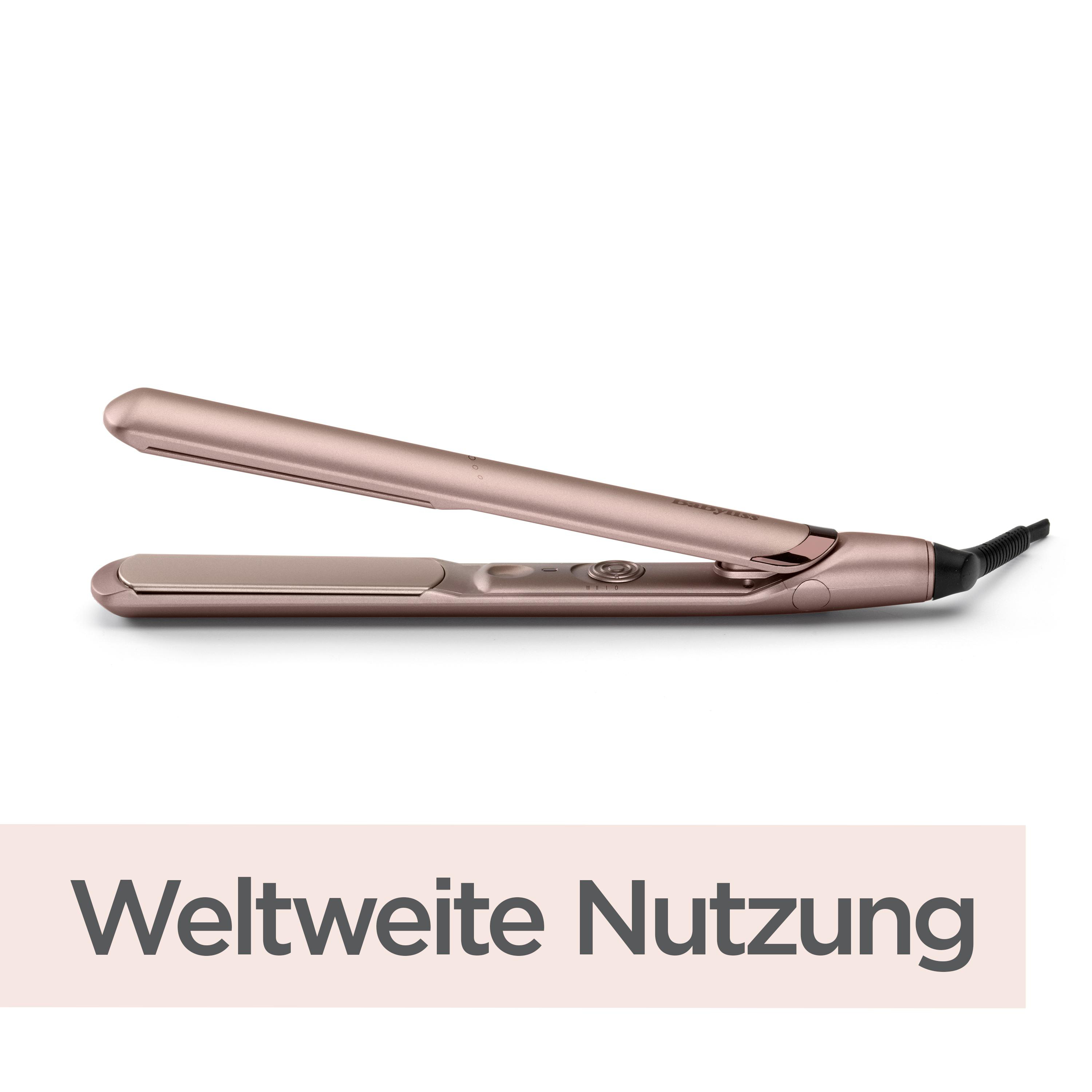 Roségoldener Glätteisen, offen, auf weißem Hintergrund. Text darunter: Weltweite Nutzung.