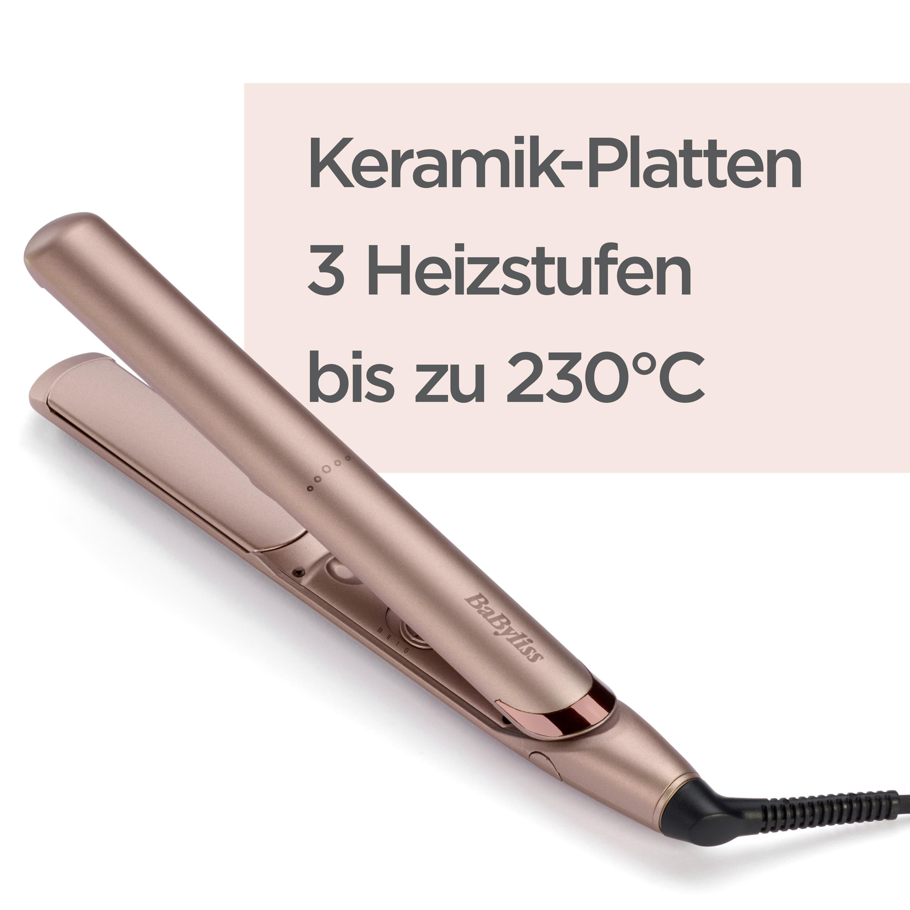Roségoldener Haarglätter, angewinkelt geöffnet, mit Text: Keramikplatten, 3 Heizstufen, bis zu 230°C.