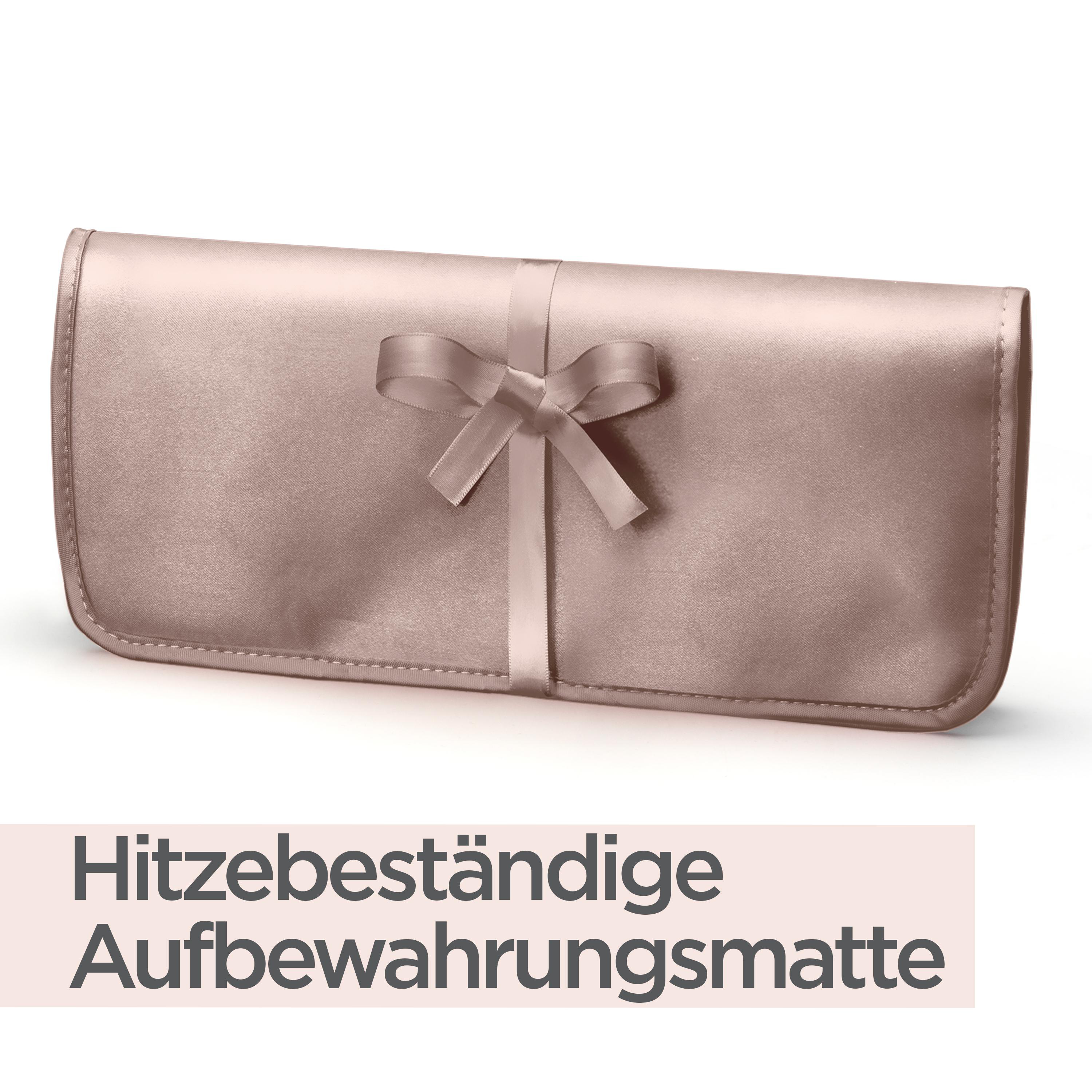 Rosa, satinartiger Make-up-Pinselhalter mit Schleife, Text 'Hitzebeständige Aufbewahrungsmatte'.