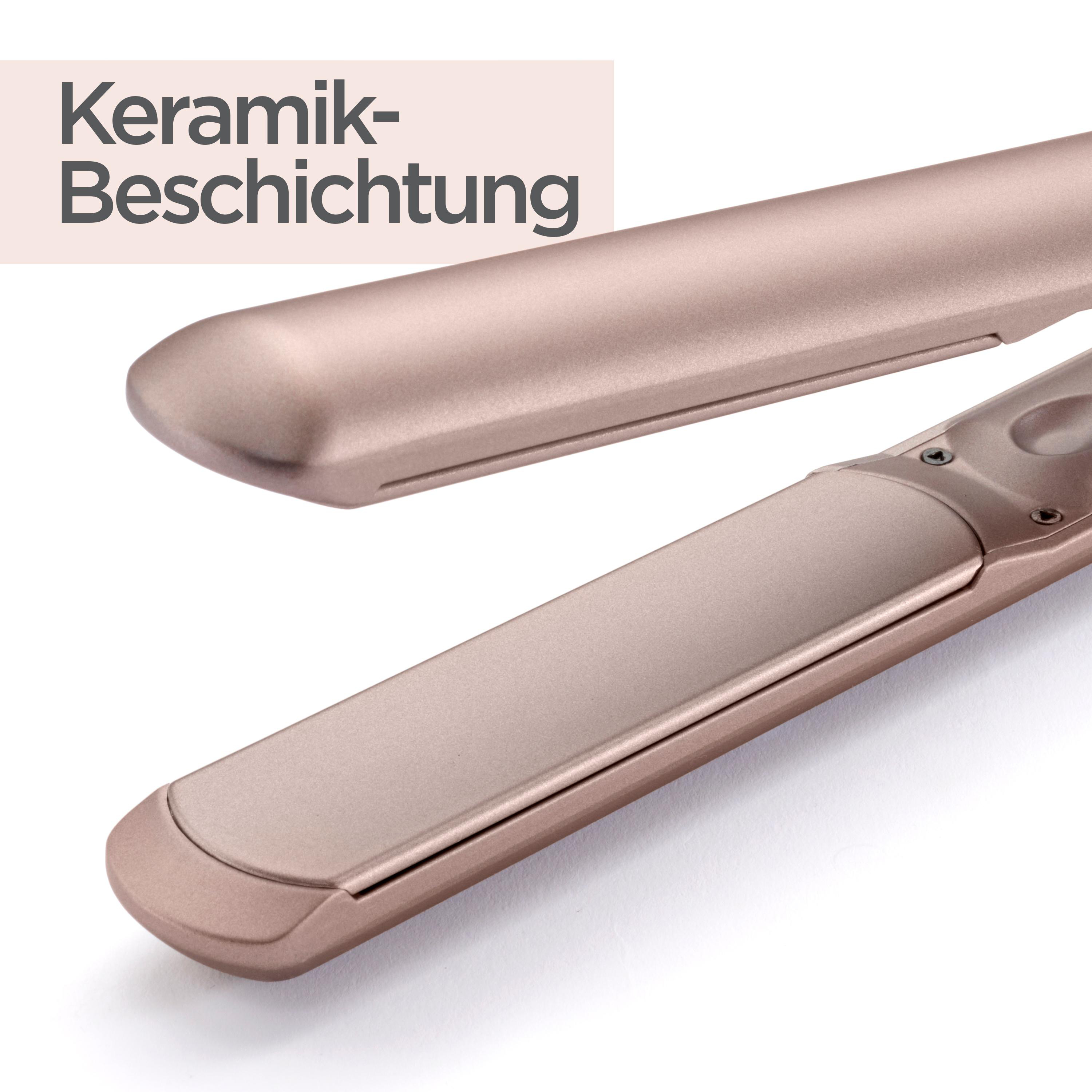 Ein roségoldenes Glätteisen, geöffnet, mit dem Worten „Keramik-Beschichtung“ darüber.