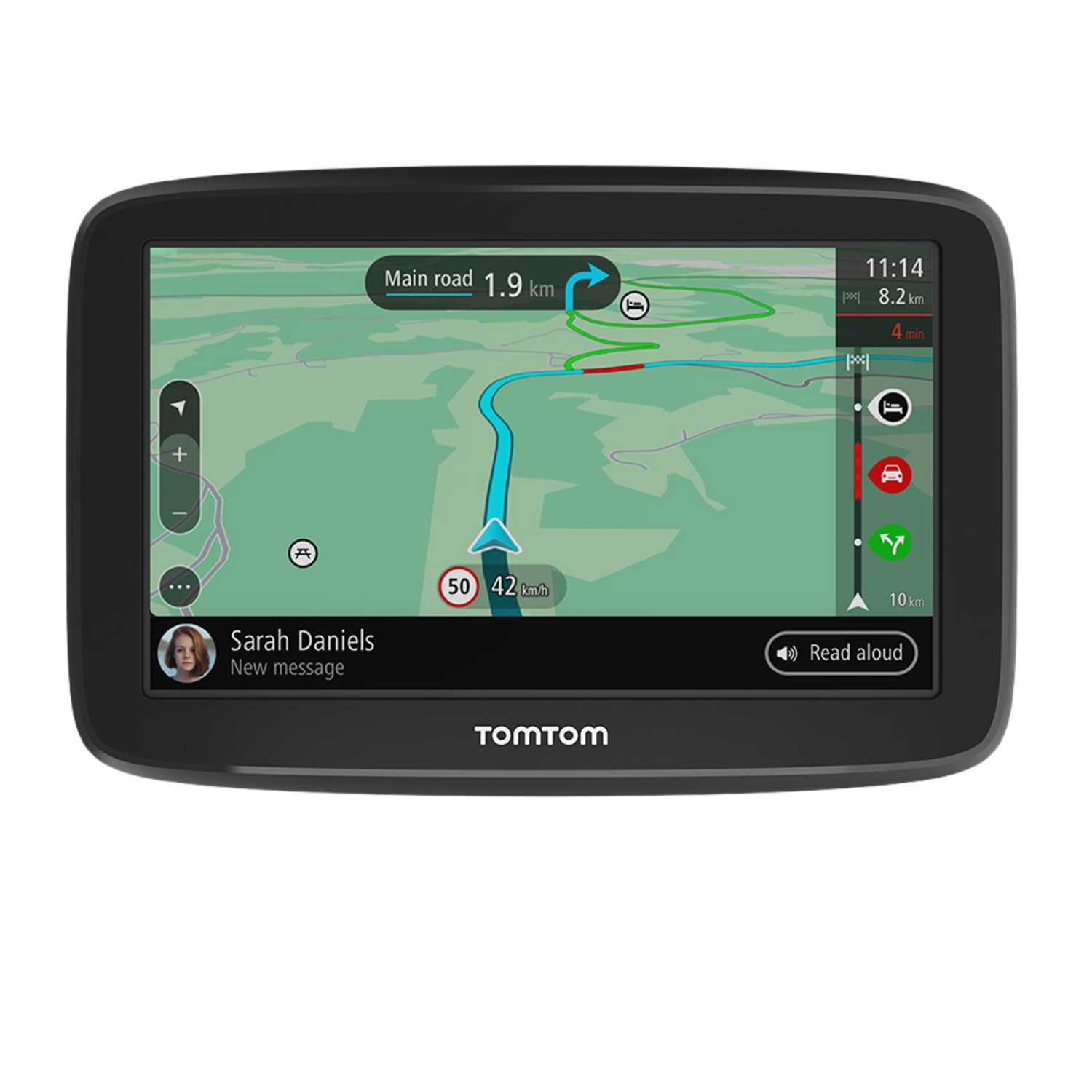 Een TomTom GPS-apparaat dat een kaart weergeeft met route-informatie en het profiel van een vrouw.