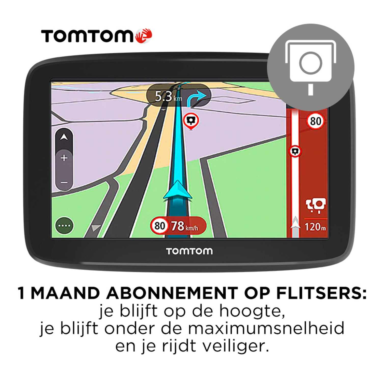 TomTom GPS-apparaat met een route met een flitspaal-icoon en snelheidslimiet.