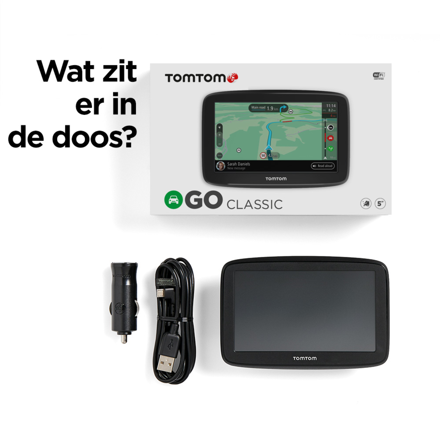 Een TomTom GPS-apparaatdoos en de inhoud: GPS, oplader en kabel. Tekst: 'Wat zit er in de doos?'.