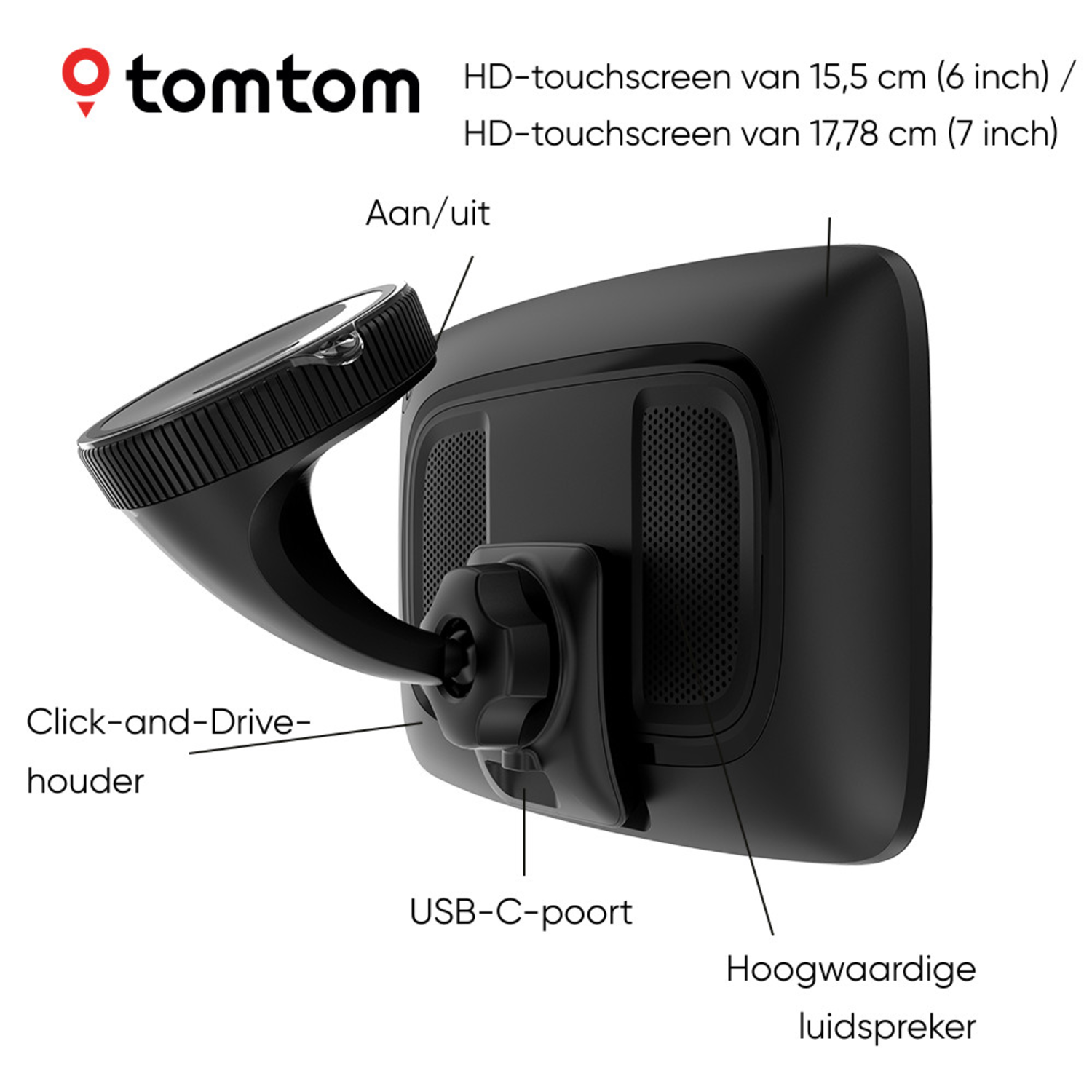 Black TomTom GPS device with a display and a mounting bracket.
