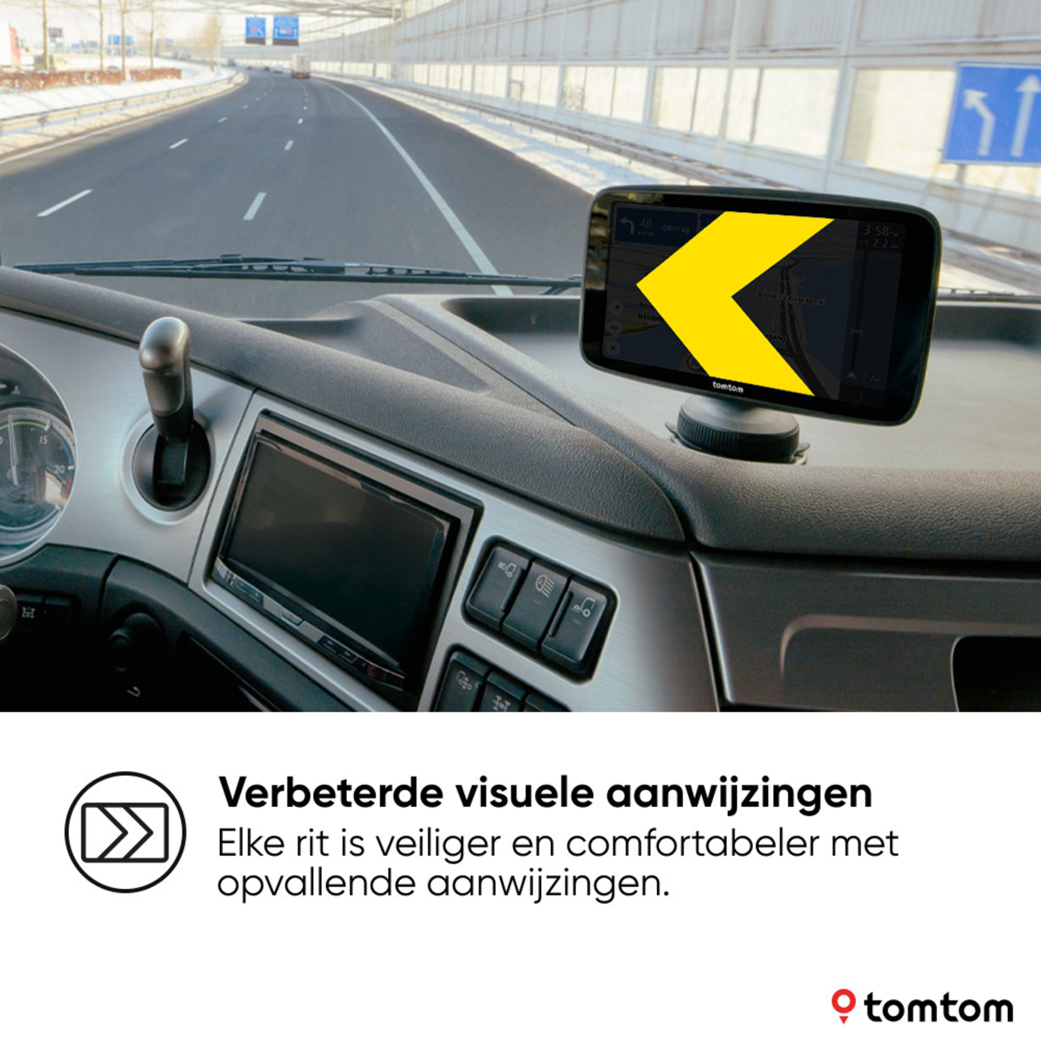 Dashboard of a vehicle with a TomTom navigation screen. Text reads: 'Improved visual guidance'.