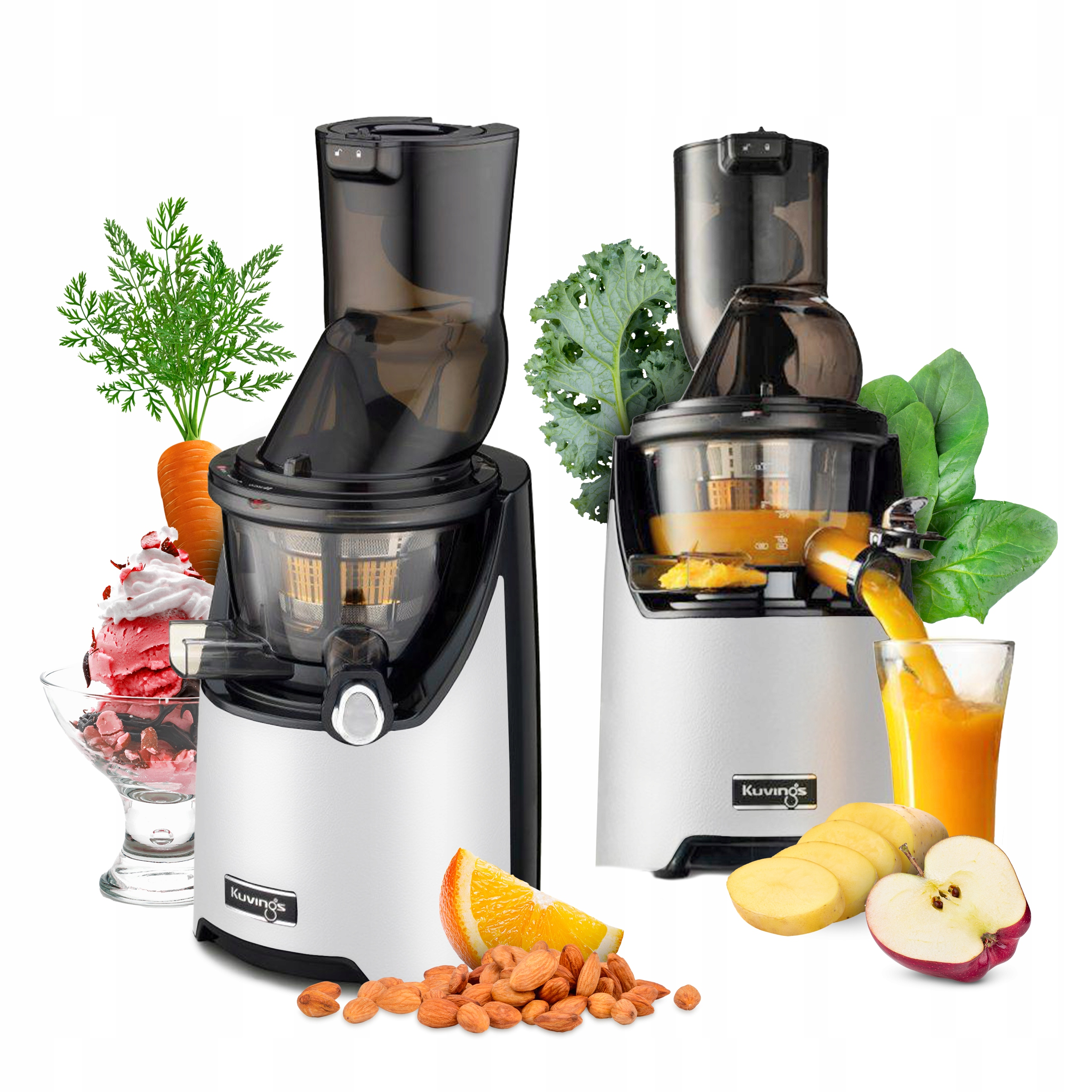 Dwie wyciskarki Kuvings, owoce i warzywa są wyświetlane. Jedna wyciskarka jest w użyciu.