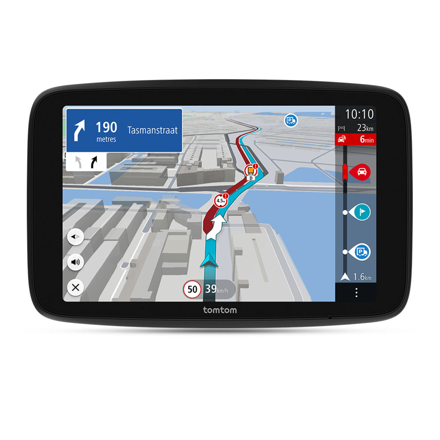 TomTom GPS screen showing road map, time, distance, and navigation.