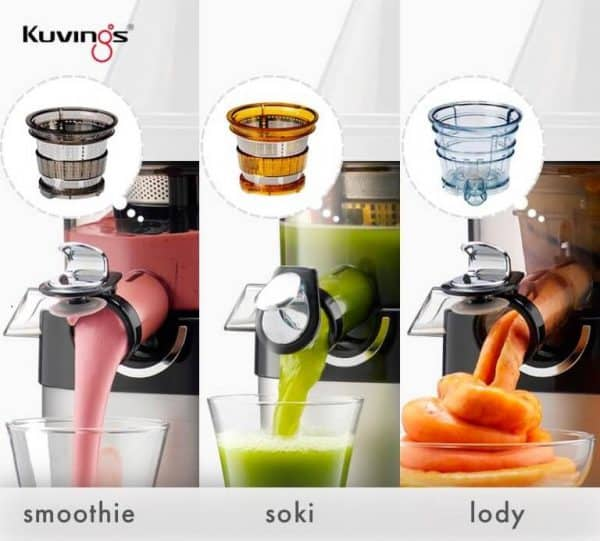 Wyciskarka do soku z ekstraktami smoothie, soki i lody. Pokazano szklanki z ekstraktami.