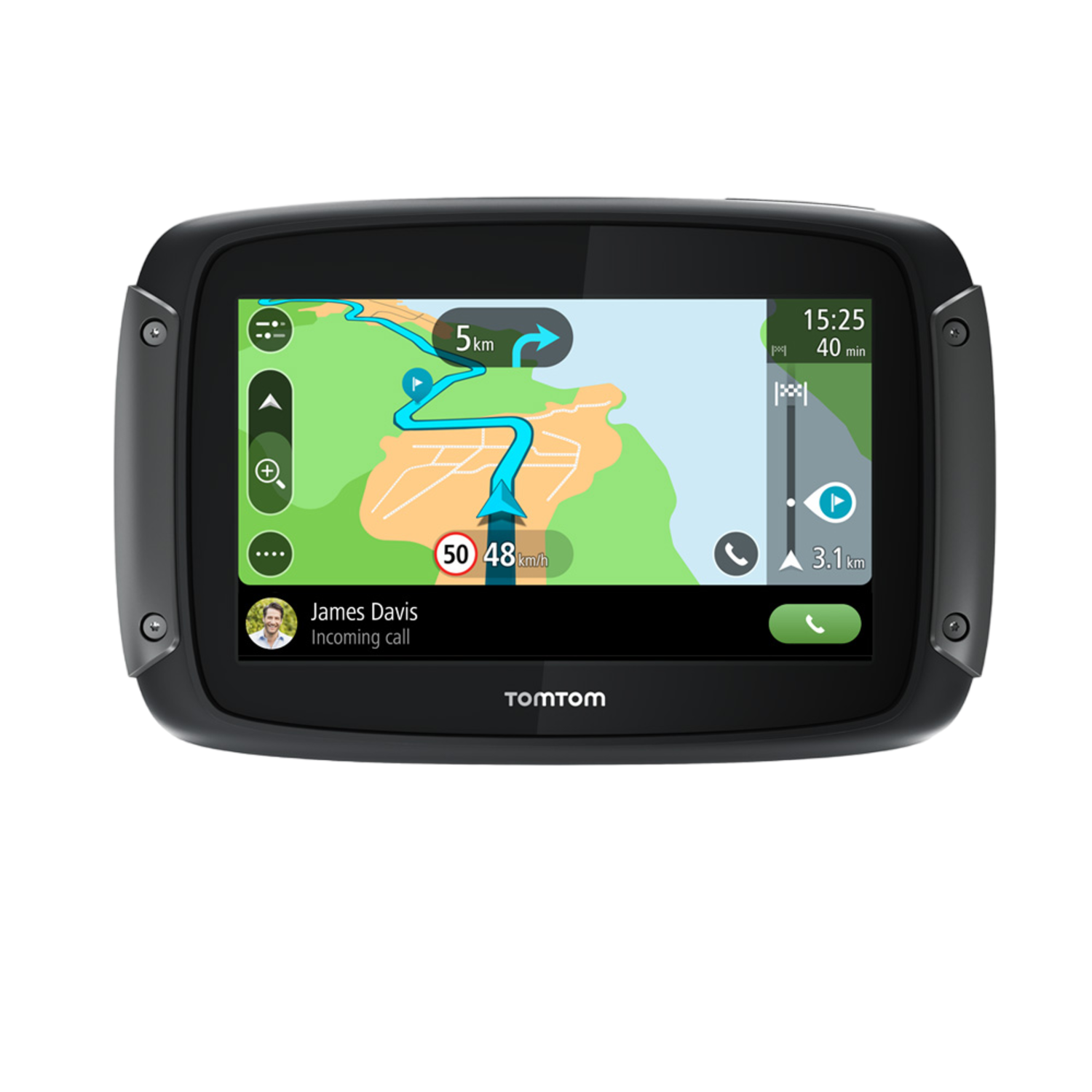 Een TomTom GPS-apparaat met kaart, route, James Davis inkomende oproep en tijd 15:25.