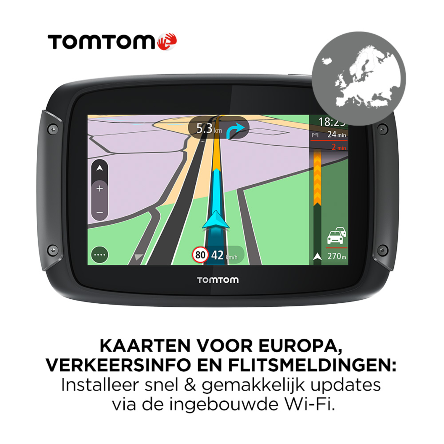 TomTom GPS-apparaat met kaart en routegeleiding en een kaart van Europa. Tekst onderaan.