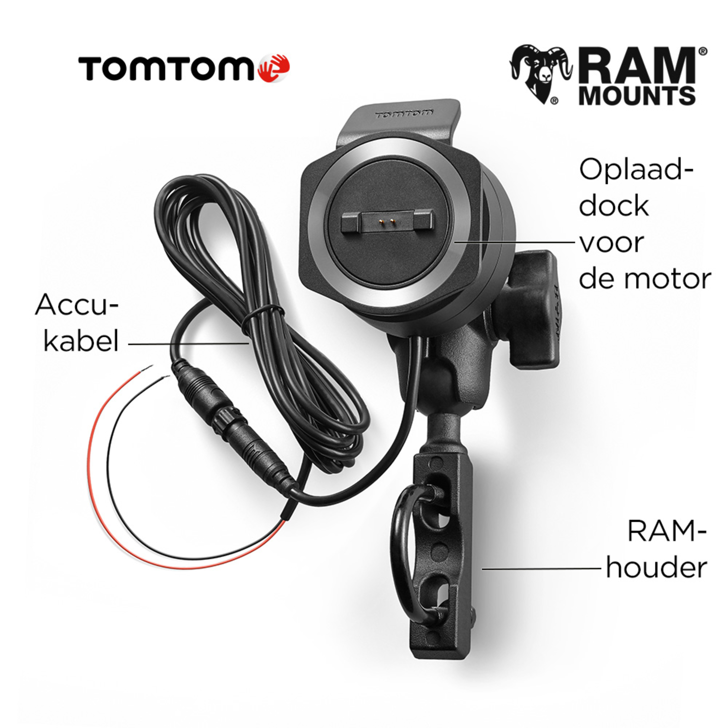 Een zwart TomTom-apparaat met een oplaadkabel en een RAM-houder.