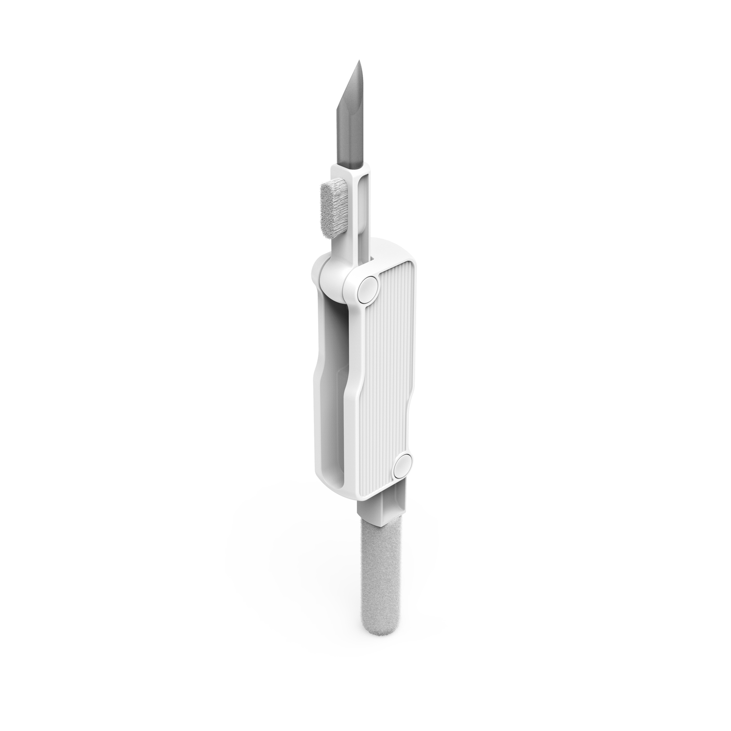 White multi-tool with a brush, blade, and sponge, designed for cleaning.
