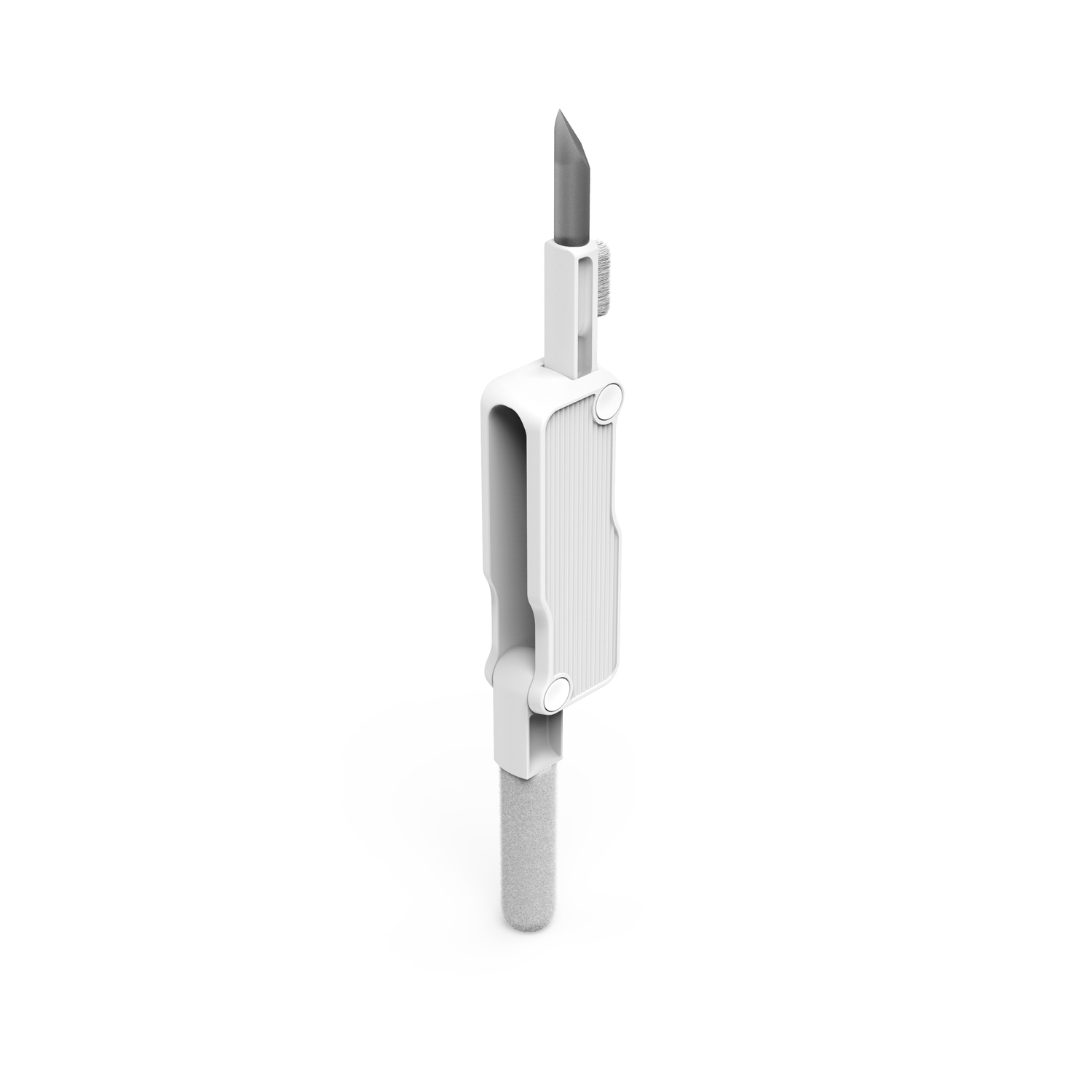 White and gray tool. It has a blade at the top and a textured handle at the bottom.