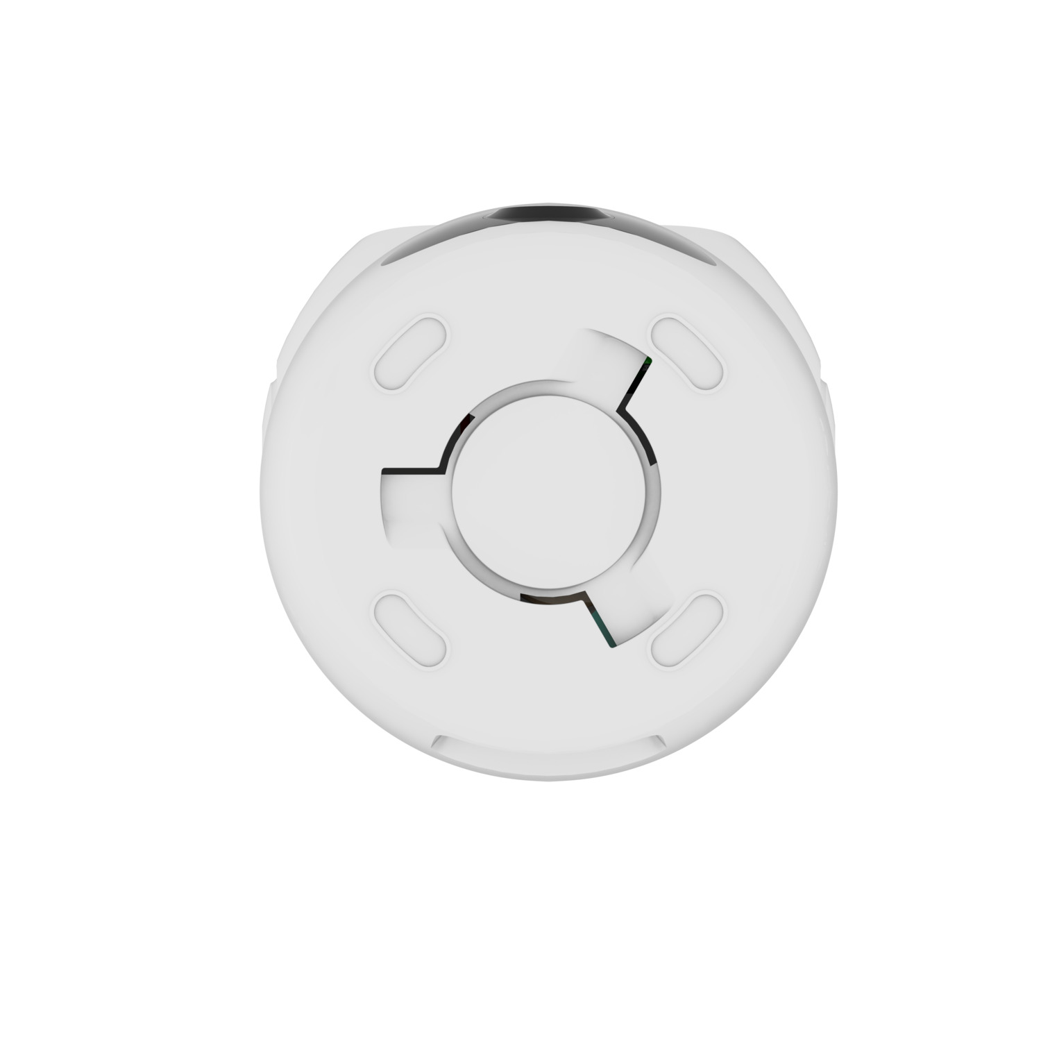 Top-down view of a white, circular device with cut-outs and a central area.