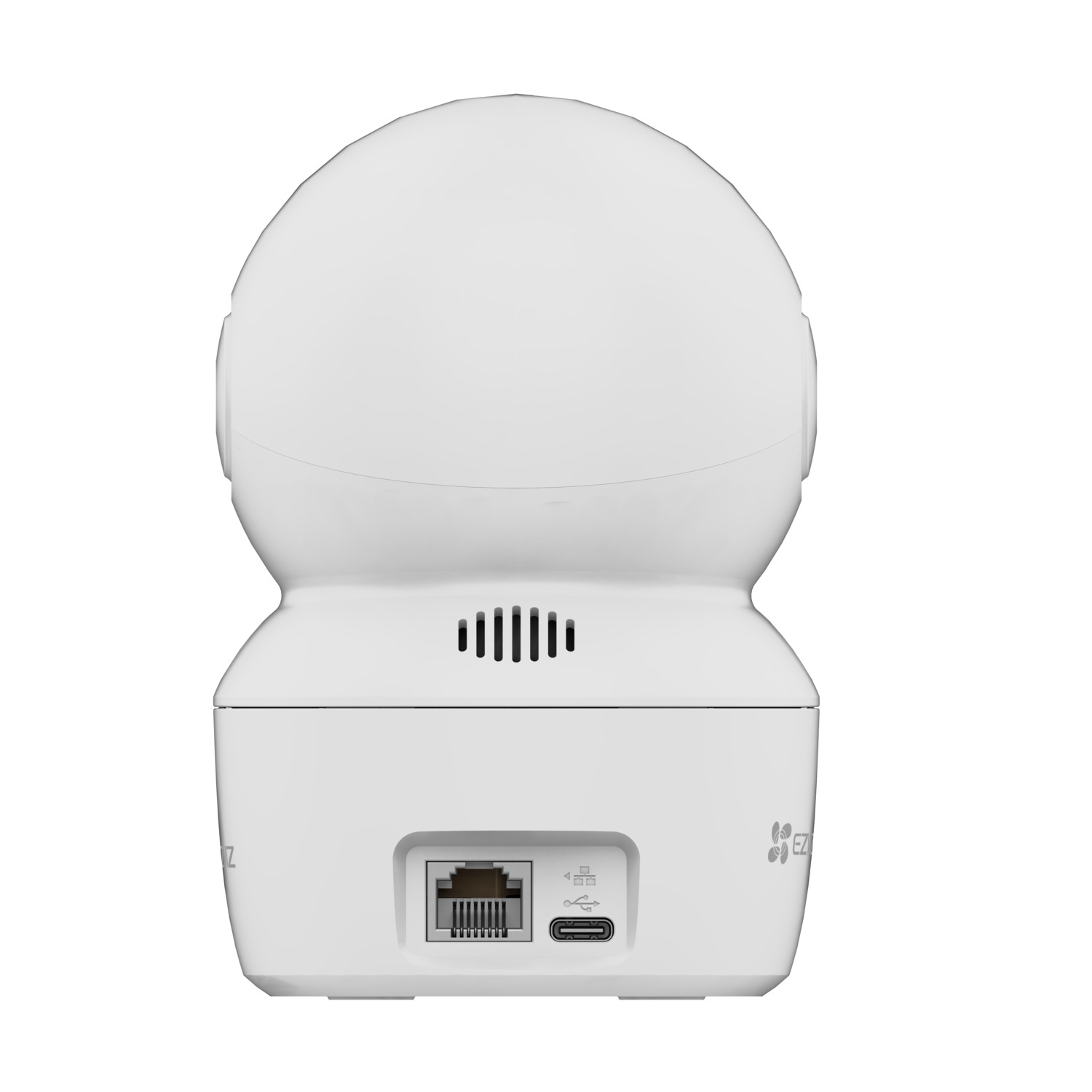 White security camera. The back has an Ethernet port and a USB port.
