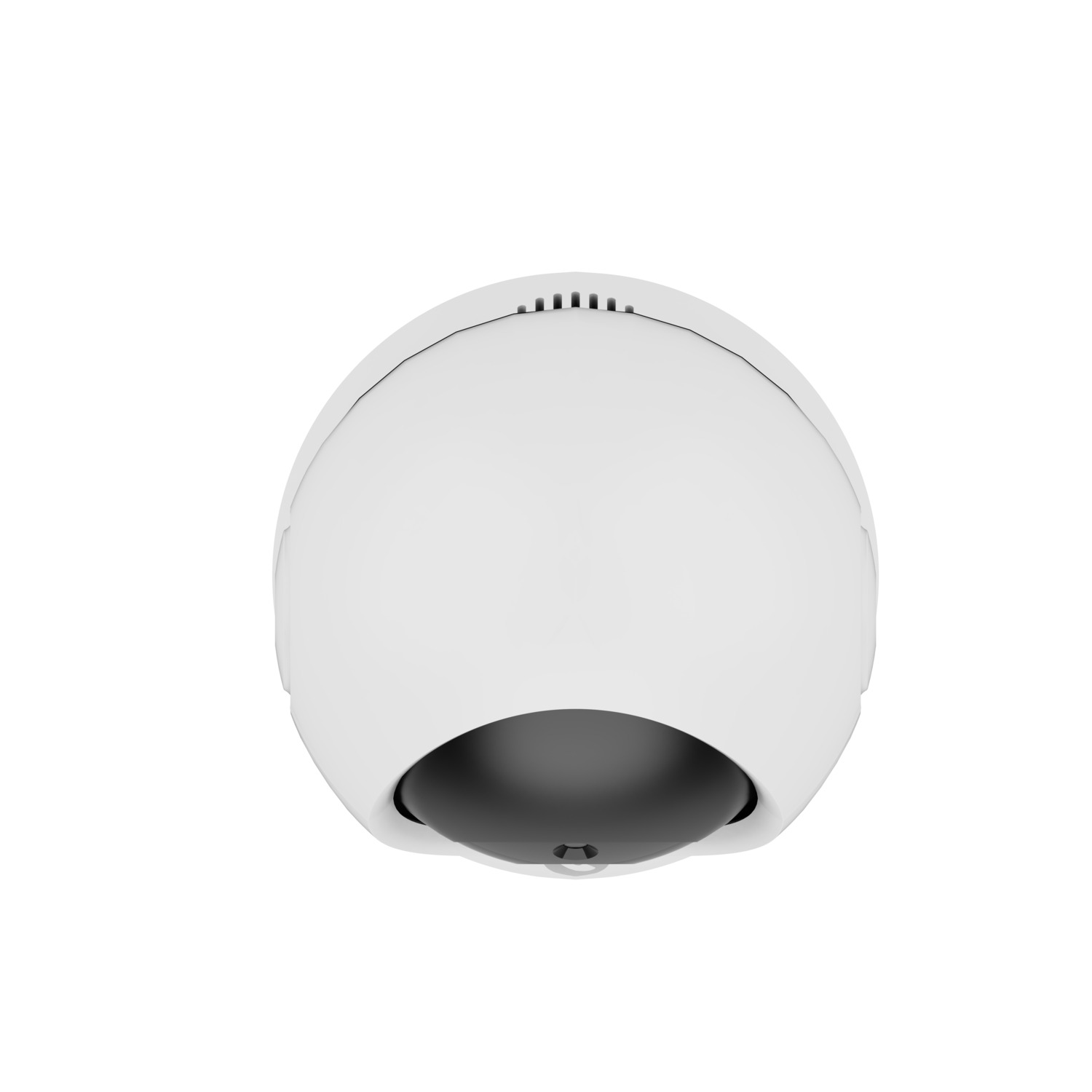 White, dome-shaped security camera, top view. It has a dark, recessed lens area on the bottom.