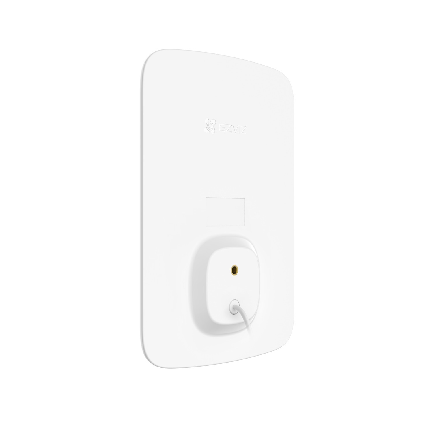 Witte EZVIZ beveiligingscamera, zijaanzicht, met een kabel.
