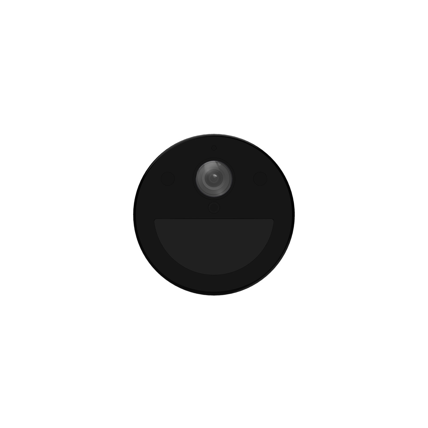 Een ronde zwarte camera met een lens en twee knoppen aan de voorkant, witte achtergrond.