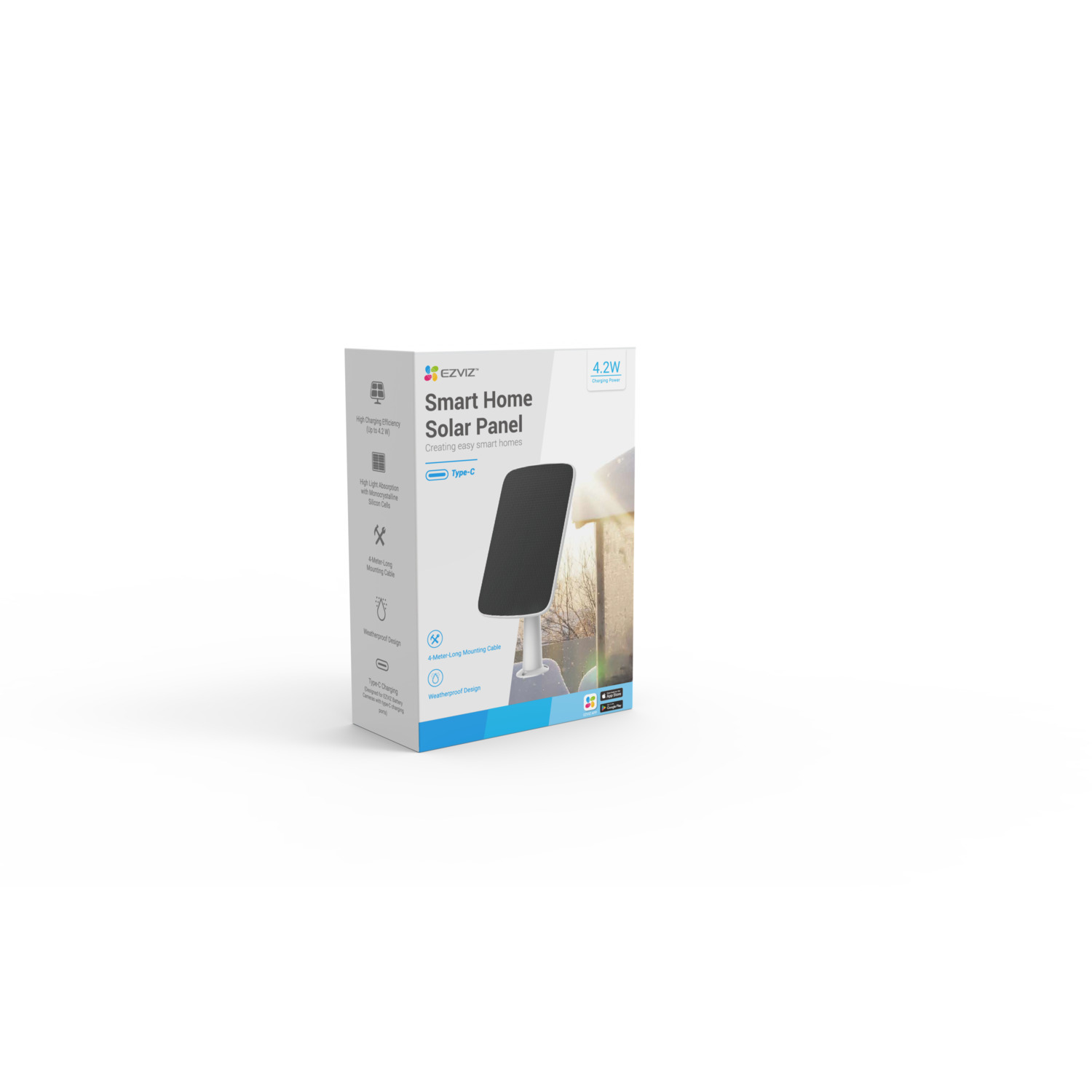 Een witte EZVIZ Smart Home Solar Panel doos met productdetails en een Type-C poort symbool.