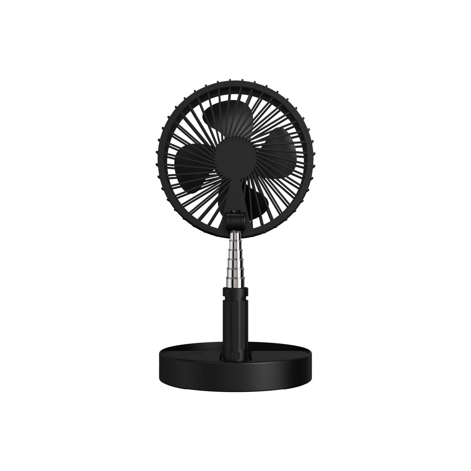 Black fan with three blades. It is adjustable. It has a round base. White background.