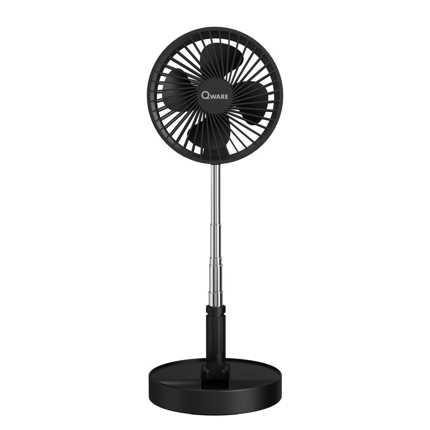 A black and silver Qware fan with a circular fan head and a telescopic stand on a black base.