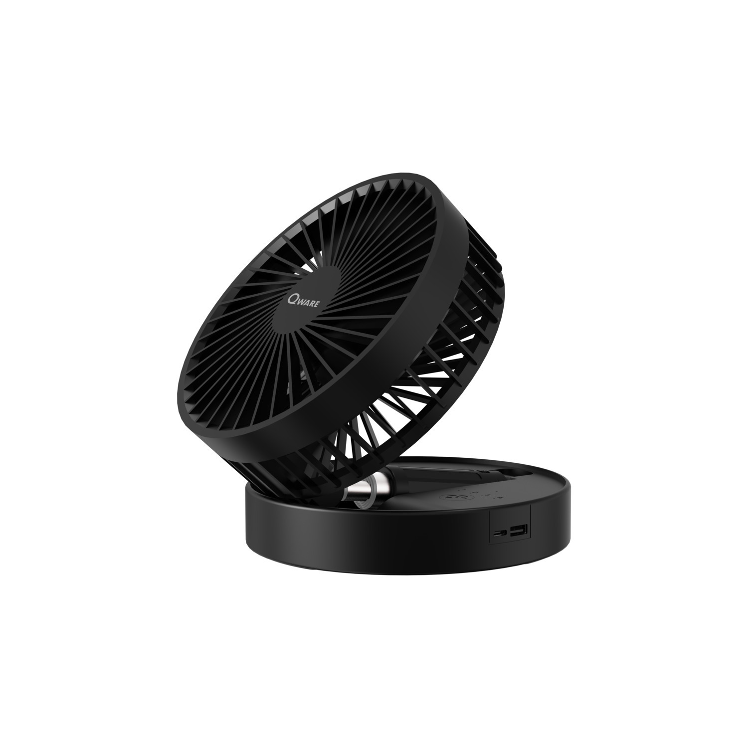 Black, round, portable fan. The fan is on a black base. The fan is tilted upwards.