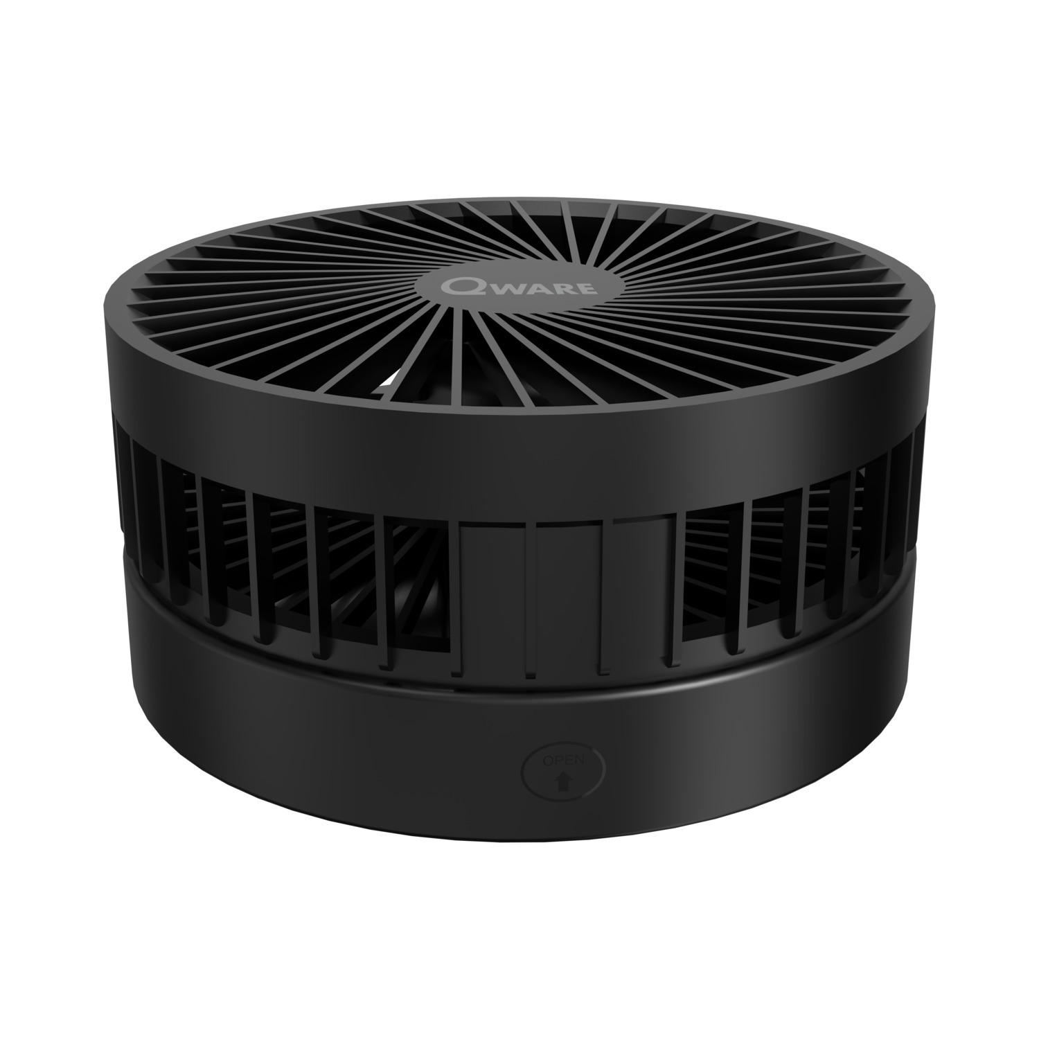 Black fan with a round shape and a grid on the top, with the brand name QWARE.